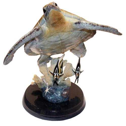 "Sea Turtle Flight" a bronze Turtle sculpture with a striking patina by the noted marine Sculptor-Artist Robert Wyland. More known in the collector art world as Wyland. Available now from SculptureCollector.com where unique and creative sculpture is purchased in a secure and private manner globally.