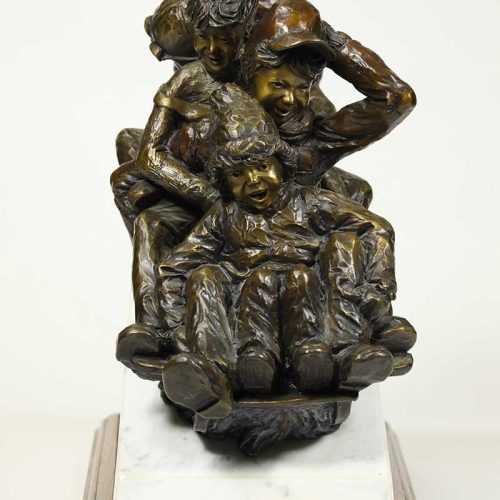 "Flyin'" for the Kid in us, a bronze sledding sculpture by noted Sculptor-Artist Blair Muhlestein. A very nice limited edition action fun sculpture "Flyin'". Available now on SculptureCollector.com, the premier platform for purchasing or reselling creative sculptures securely and privately. Greart condition, purchased in 1994, Braver Creek Colo.