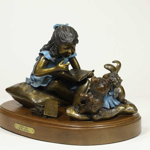 "Story Time" teaching and reading to our friends, a bronze Child's reading and teaching sculpture by noted Sculptor-Artist Blair Muhlestein. A very nice limited edition sculpture depicting the early years "Story Time". Available now on SculptureCollector.com, the premier platform for purchasing or reselling creative sculptures securely and privately.
