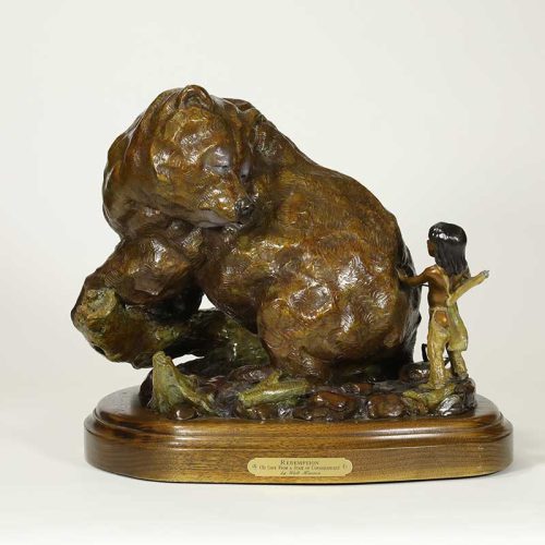 Noted bronze sculptor Walt Horton, known for his numerous Bear sculptures, some whimsical like this one titled "Redemption". This playful interaction between the young child and the big bear! Available now on SculptureCollector.com, the premier platform for purchasing or reselling creative sculptures securely and privately.