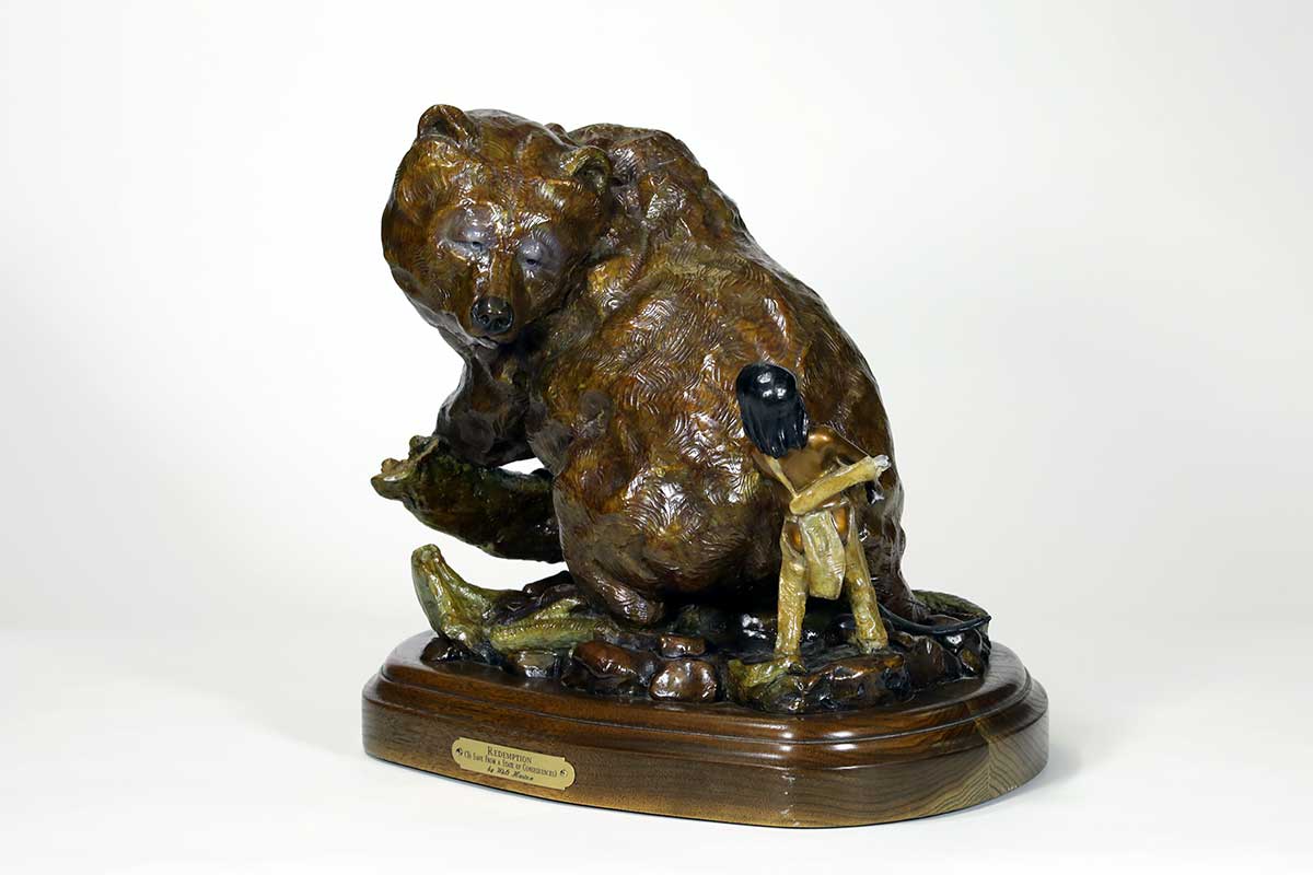 Noted bronze sculptor Walt Horton, known for his numerous Bear sculptures, some whimsical like this one titled "Redemption". This playful interaction between the young child and the big bear! Available now on SculptureCollector.com, the premier platform for purchasing or reselling creative sculptures securely and privately.