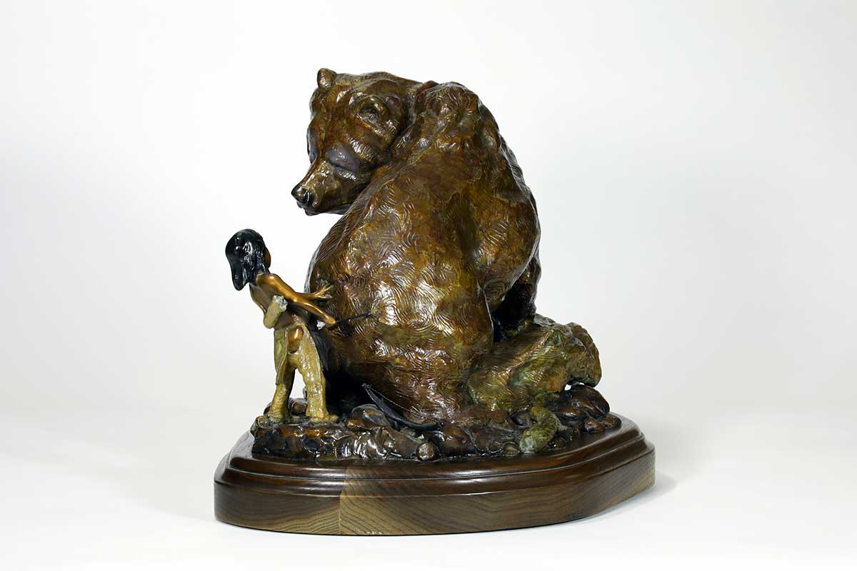 Noted bronze sculptor Walt Horton, known for his numerous Bear sculptures, some whimsical like this one titled "Redemption". This playful interaction between the young child and the big bear! Available now on SculptureCollector.com, the premier platform for purchasing or reselling creative sculptures securely and privately.