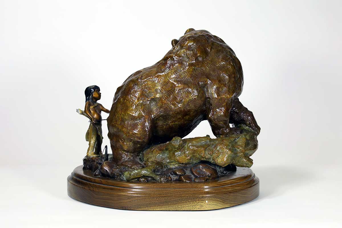 Noted bronze sculptor Walt Horton, known for his numerous Bear sculptures, some whimsical like this one titled "Redemption". This playful interaction between the young child and the big bear! Available now on SculptureCollector.com, the premier platform for purchasing or reselling creative sculptures securely and privately.