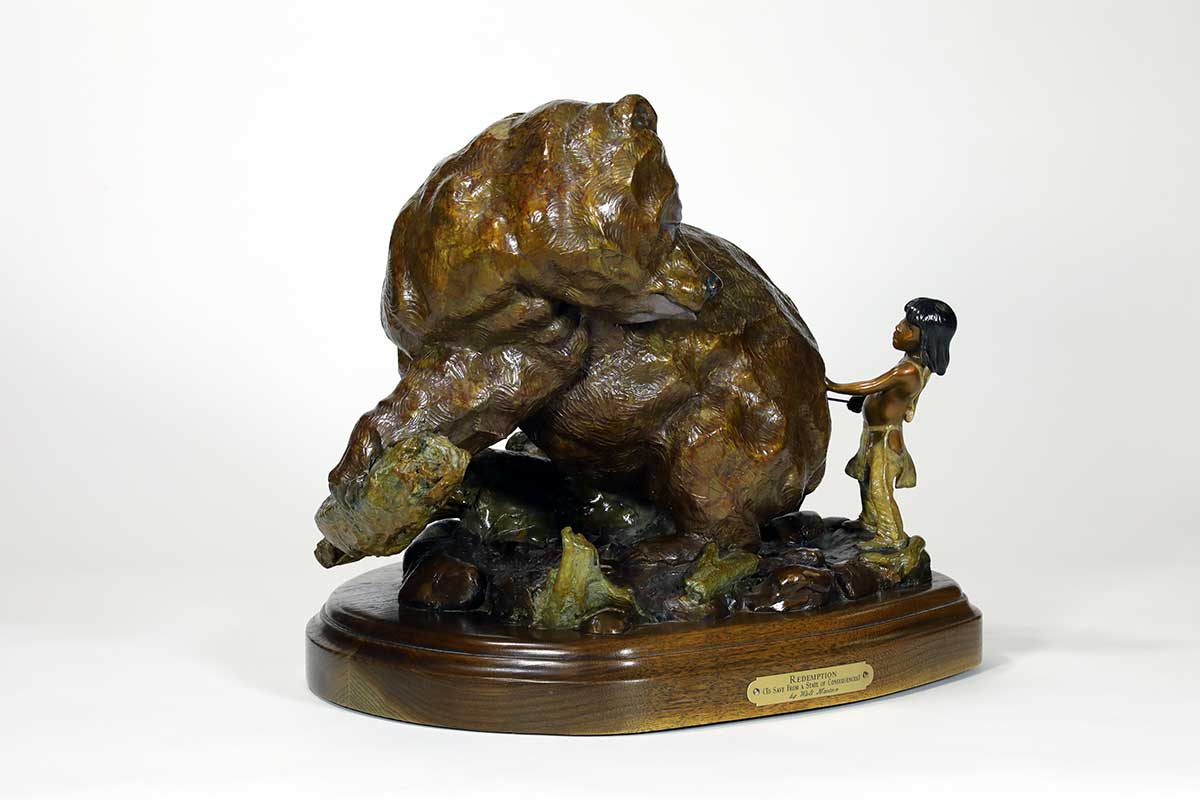 Noted bronze sculptor Walt Horton, known for his numerous Bear sculptures, some whimsical like this one titled "Redemption". This playful interaction between the young child and the big bear! Available now on SculptureCollector.com, the premier platform for purchasing or reselling creative sculptures securely and privately.
