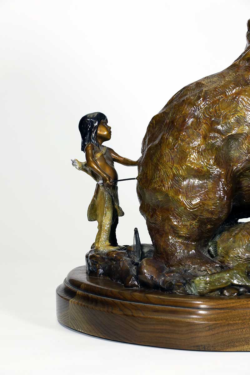 Noted bronze sculptor Walt Horton, known for his numerous Bear sculptures, some whimsical like this one titled "Redemption". This playful interaction between the young child and the big bear! Available now on SculptureCollector.com, the premier platform for purchasing or reselling creative sculptures securely and privately.
