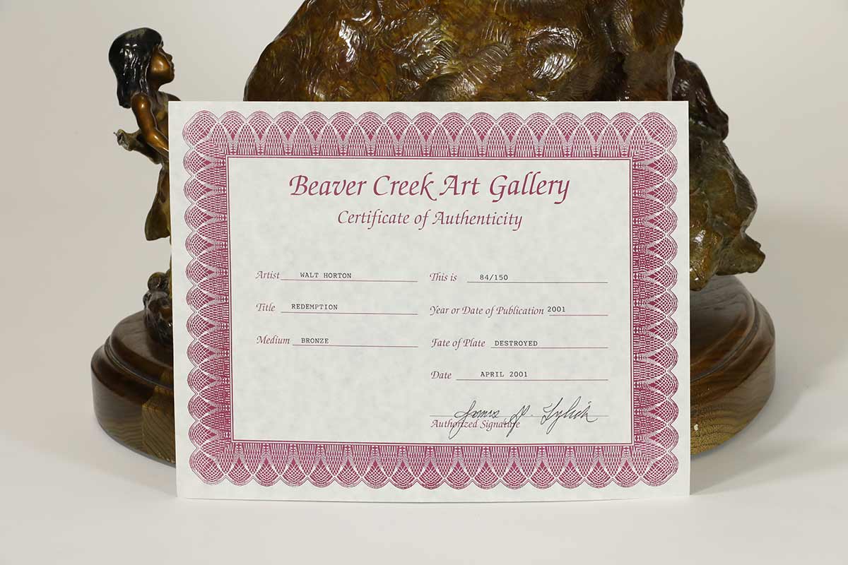 Noted bronze sculptor Walt Horton, known for his numerous Bear sculptures, some whimsical like this one titled "Redemption". This playful interaction between the young child and the big bear! Available now on SculptureCollector.com, the premier platform for purchasing or reselling creative sculptures securely and privately.