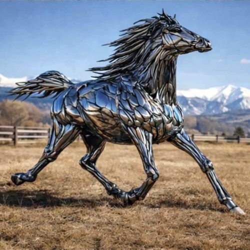 A monumental equine sculpture created in reflective chrome steel bumpers that is most unique. This sculpture titled "Spirit of the West" is yet another creative chrome sculpture by the noted and collected sculptor-artist "Sean Guerrero" from 1974. A commissioned sculpture in Excellent condition! Available now on SculptureCollector.com, the premier platform for purchasing or reselling creative sculpture securely and privately.