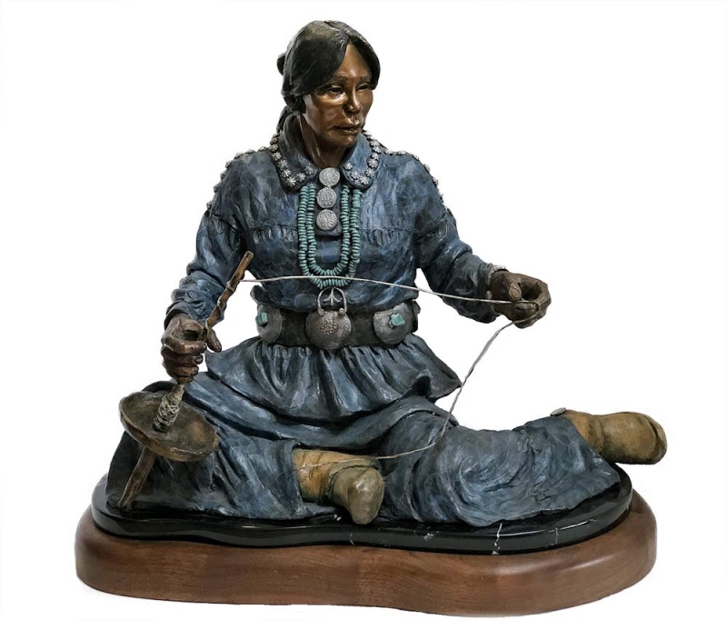 Lily the Basket Weaver a limited edition bronze Native American sculpture showcasing the weaving of a woman by Marie Barbera