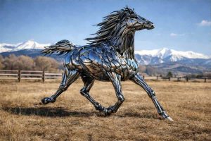 Spirit of the West a life-size monumental Equine Sculpture A monumental equine sculpture created in reflective chrome steel bumpers that is most unique. This sculpture titled "Spirit of the West" is yet another creative chrome sculpture by the noted and collected sculptor-artist "Sean Guerrero" from 1974. A commissioned sculpture in Excellent condition! Available now on SculptureCollector.com, the premier platform for purchasing or reselling creative sculpture securely and privately.